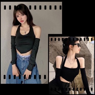 áo croptop cổ yếm phối ống tay quyến rũ