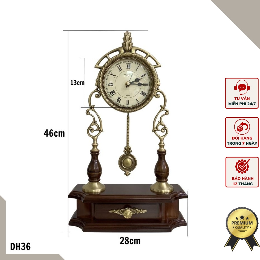 Đồng hồ để bàn mang phong cách tân cổ điển quả lắc thiết kế hợp kim mạ đồng và gỗ sồi sang trọng DH36