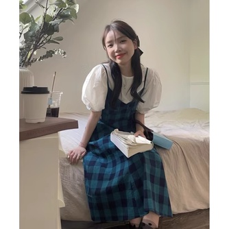 (ORDER) Set váy yếm hai dây kẻ sọc xanh xòe dài điệu đà+ áo sơ mi trắng tay phồng vintage Hàn Quốc