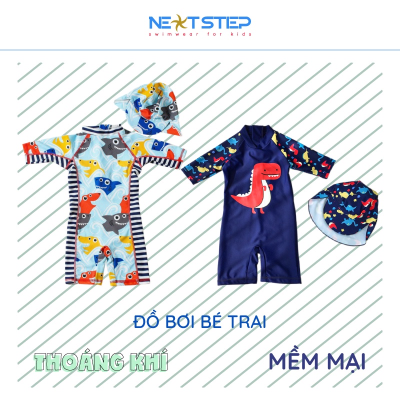 Đồ bơi bé Trai liền thân họa tiết dễ thương bao gồm nón