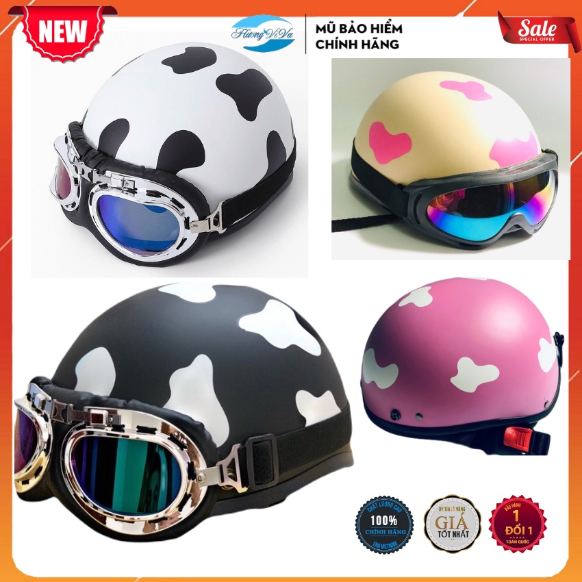 Mũ bảo hiểm bò sữa 1/2 cute, tem bò sữa nửa đầu thời trang, mũ phượt có kính tia UV+ kính Phi công+lưỡi trai -Huongviva