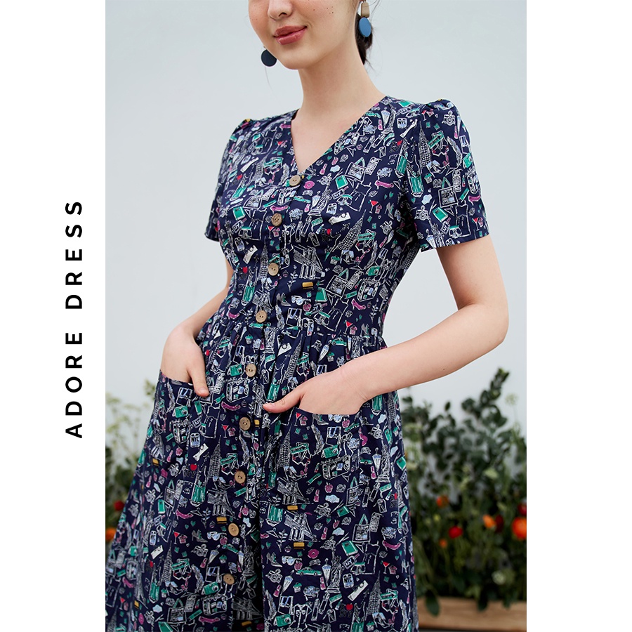 Đầm mini vải thô navy in họa tiết 3ASDR1190 ADORE DRESS