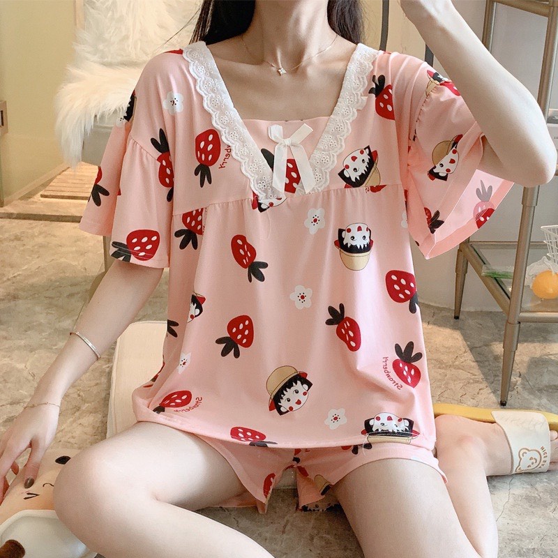 Bộ đồ nữ mặc nhà thiết kế họa tiết dễ thương cổ phối ren điệu đà, chất thun sữa mềm đẹp ( bầu bí bon chen ) BC14