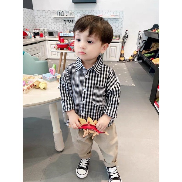 ❌Freeship❌ Set quần áo dài tay cho bé mặc đi chơi đi học (8-25kg), Set công tử cho bé trai, áo sơ mi kẻ và quần kaki
