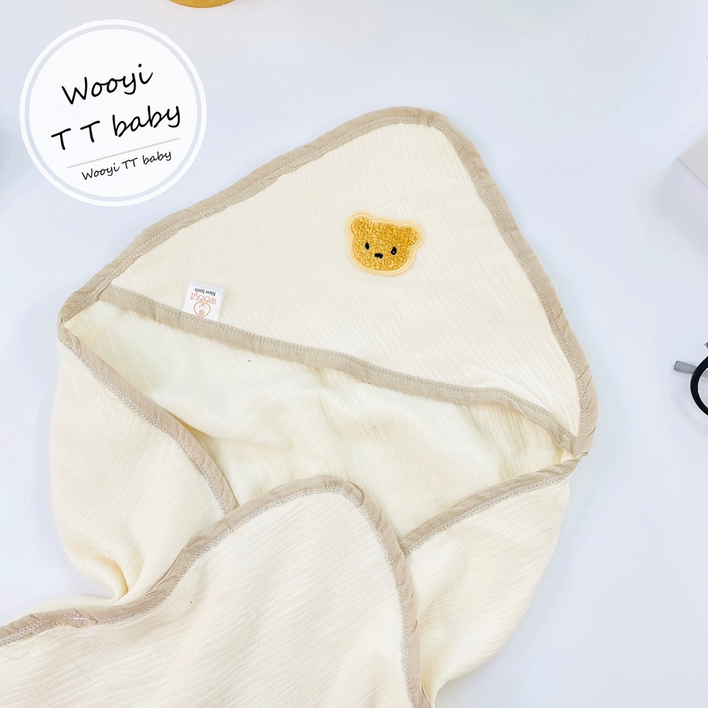 Ủ choàng cho bé sơ sinh - ủ Xô Muslin gắn gấu bông xù Wooyi