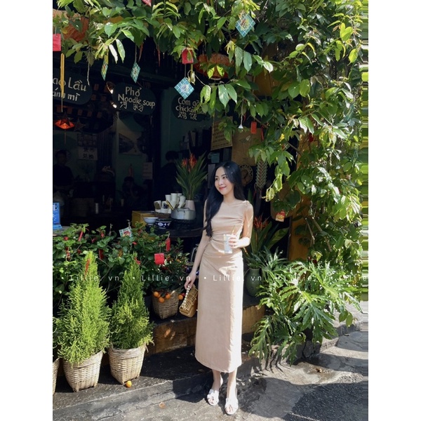 LILLIE | Set váy Beige rút dây eo