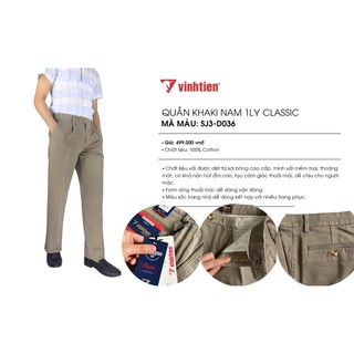 Quần kaki 1 Ly Trung Niên Vĩnh Tiến 100% Cotton Trơn Màu Xám Nâu