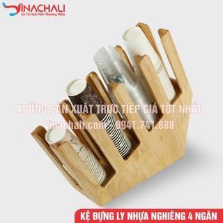 Khay đựng ly, kệ đựng ly nhựa, cốc giấy, khay up cốc trà sữa nghiêng 4 ngăn - gỗ tự nhiên cao cấp