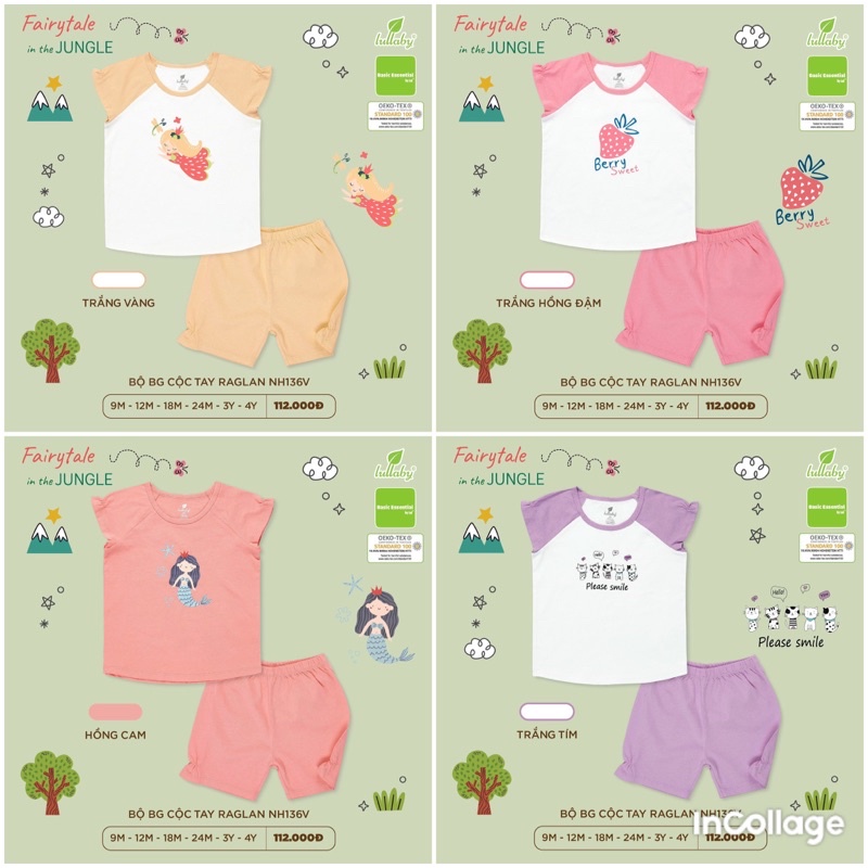 Xả hết-Bộ Cộc tay cotton Raglan Bé Trai,Gái Lullaby 2023  NH135V,NH136V