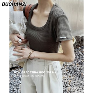 Áo croptop DUOHANZI tay ngắn cổ chữ U màu trơn thời trang cho nữ