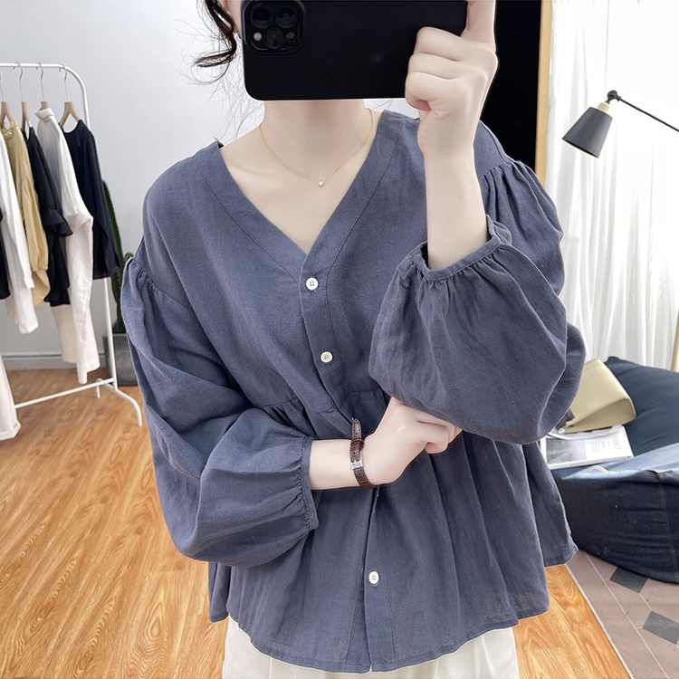 Áo sơ mi KAMAKA linen dài tay cổ V kiểu bo tay - NU8458