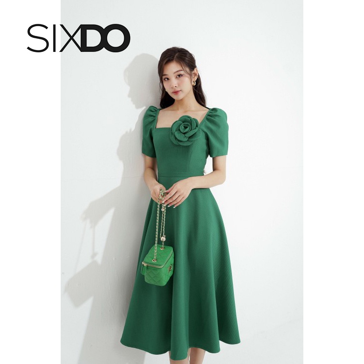 Đầm xòe phối nơ ngực thời trang SIXDO (Green Puff-sleeves Midi Woven Dress)