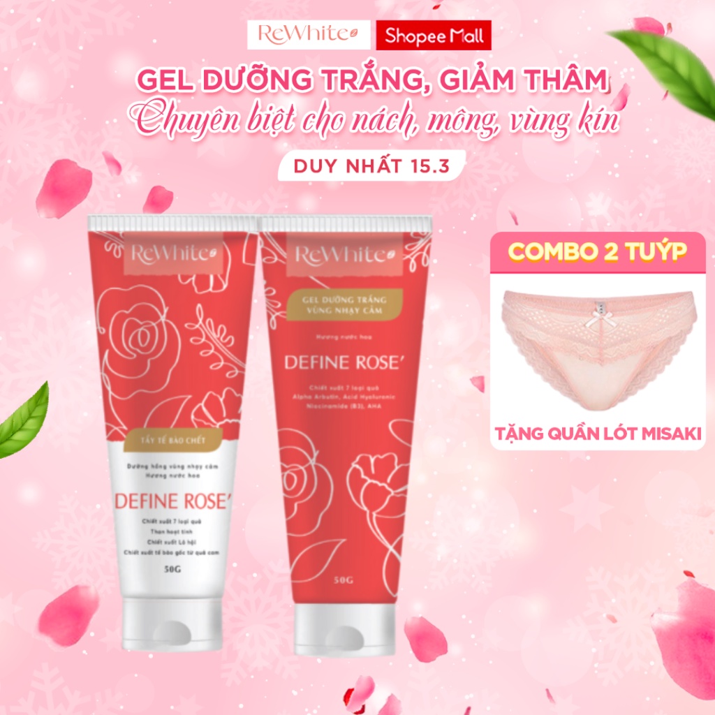 Combo Tẩy Da Chết Và Gel Giảm Thâm Nách, Mông, Bikini Rewhitez Hương Nước Hoa Define Rose 50g/Tuýp