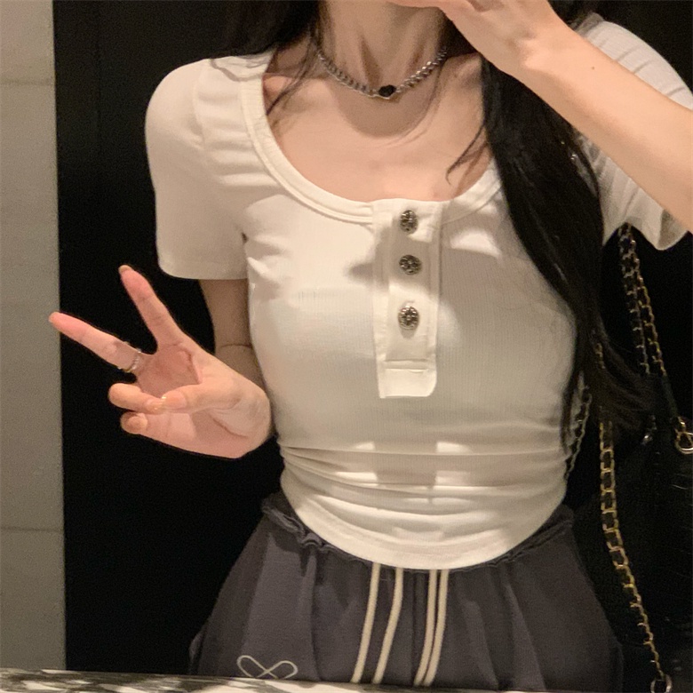 Áo Thun Ngắn Tay + Quần Dài Lưng Cao Thêu Chữ Thời Trang Nữ