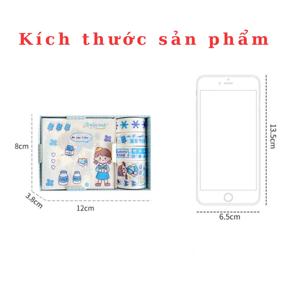 Hộp 8 món băng keo dính Washi tape + sticker dán trang trí sổ lưu niệm DIY hoa tiết hoạt hình cute