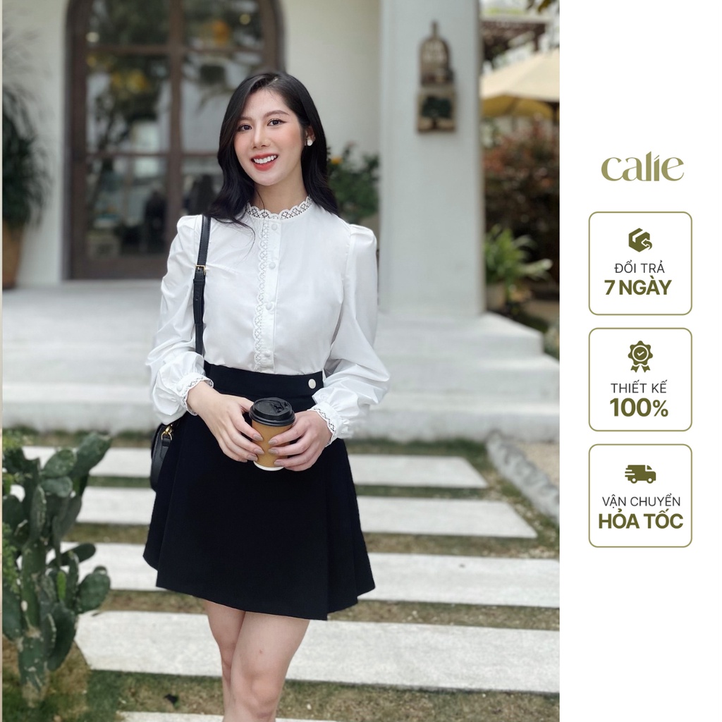 Áo sơ mi nữ cổ tàu phối ren tay phồng ngắn tay Calie AC208