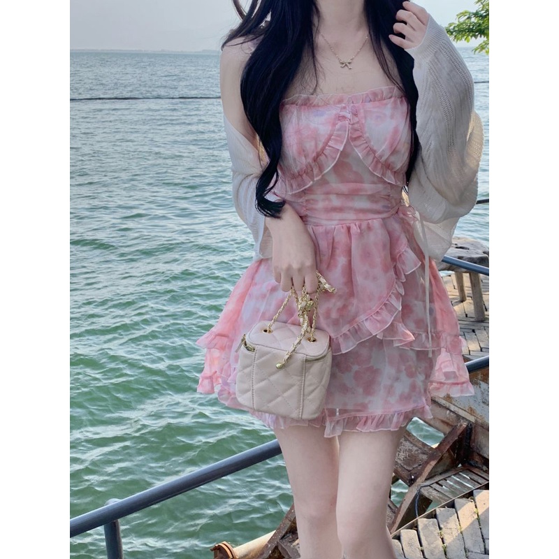 Lalisas set Đầm Dây Không Đều Thiết Kế Ngọt Ngào + Khăn Choàng Trắng Thời Trang Cho Nữ (Đặt Hàng)