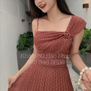 Đầm thiết kế sang chảnh chấm bi vai lệch