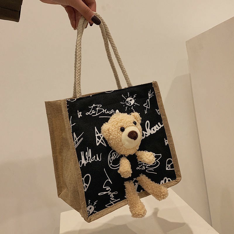 Túi Cói Quai Xách Đính Gấu Bông Thời Trang Siêu Dễ Thương Cute