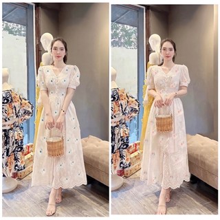 Đầm midi xô thêu nổi cổ