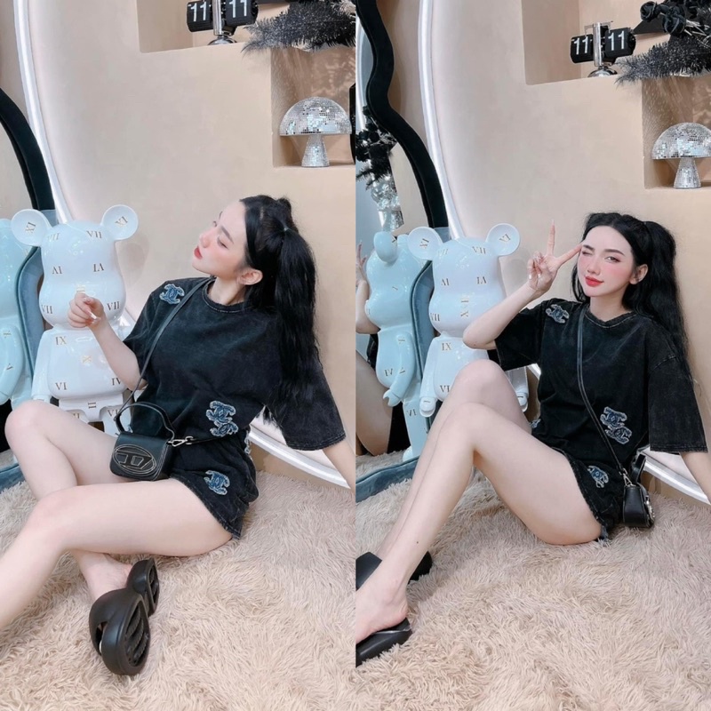 Áo Thun Thêu Nổi Canel Hàng Siêu Cấp - Dáng Thụng Dài Giấu Quần