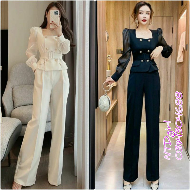 Hàng nhập - Set bộ nữ công sở cổ vuông đính nút, sét đồ thời trang quần áo kaki lụa phối voan kính