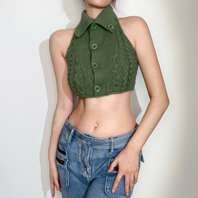 Weird Puss Áo Dệt Kim Sát Nách Cổ Cao Dáng Ôm Màu Trắng / Xanh Lá Phong Cách retro Đường Phố Cho Nữ