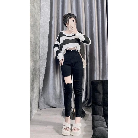 🌟Quần Jeans Dài Lưng Cao Co Giãn Rách Ô