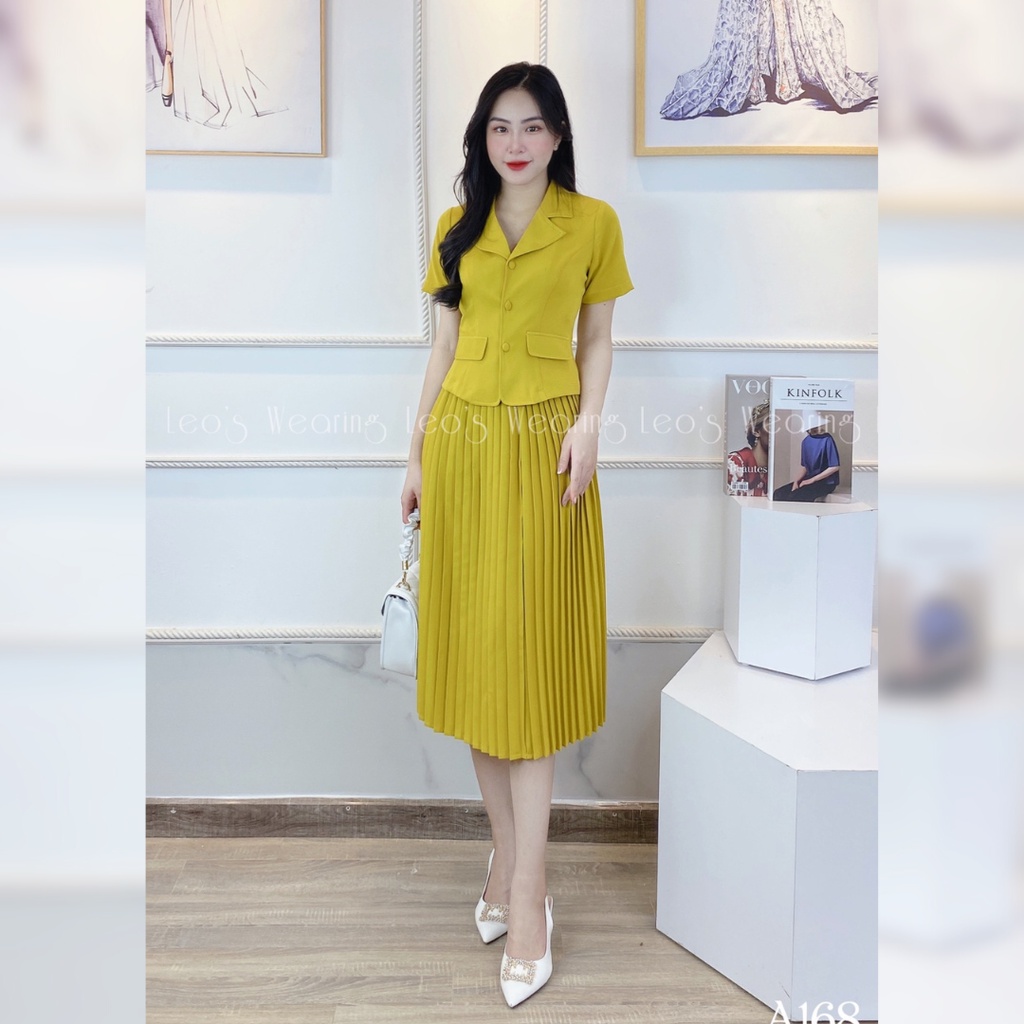 Set áo sơmi tay ngắn mix chân váy midi xếp li LEOSWEARING A168