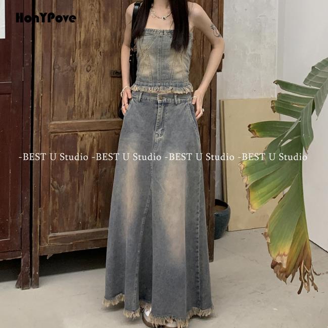 Honypove Hàng Mới Về Đầm Denim Dài Lưng Cao Thời Trang Mùa Hè Hàn Quốc 2023 Dành Cho Nữ
