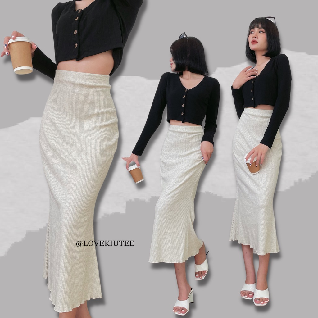 Chân váy dài đuôi cá năng động Fishtail Ribbed Maxi Skirt LOVEKIUTEE