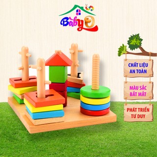 Đồ chơi cho bé 1 tuổi, đồ chơi gỗ BabyO, Đồ chơi thả hình 5 trụ cột khối gỗ zic zac cho bé, đồ chơi xếp hình cho bé