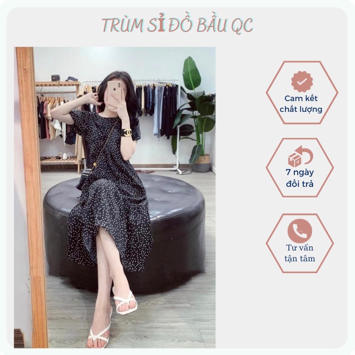 Đầm babydoll, Váy bầu dáng suông chấm bi chất vải lụa tằm mặc mềm mát thoải mái