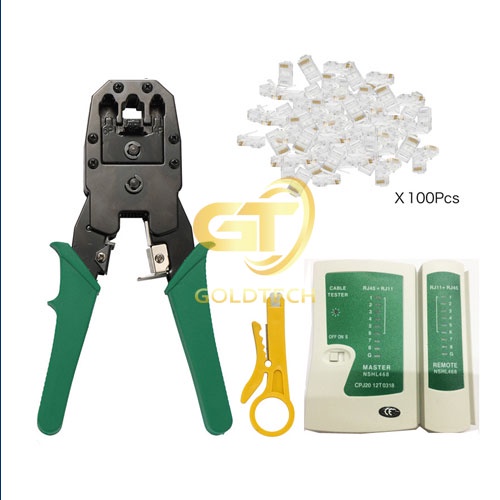Bộ dụng cụ làm mạng đa năng AR765 gồm kìm bấm mạng, máy test mạng RJ45, hạt mạng, tool nhấn cáp mạng