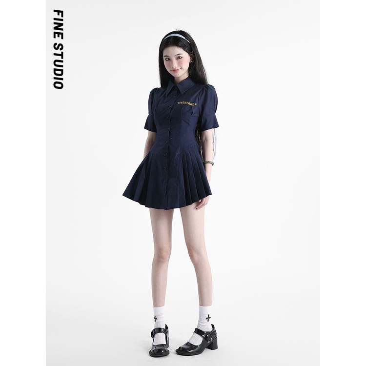 Fine Studio Váy Chữ a Xếp Ly Cài Nút Tay Ngắn Ôm Eo Phong Cách Preppy Mùa Hè Cho Nữ