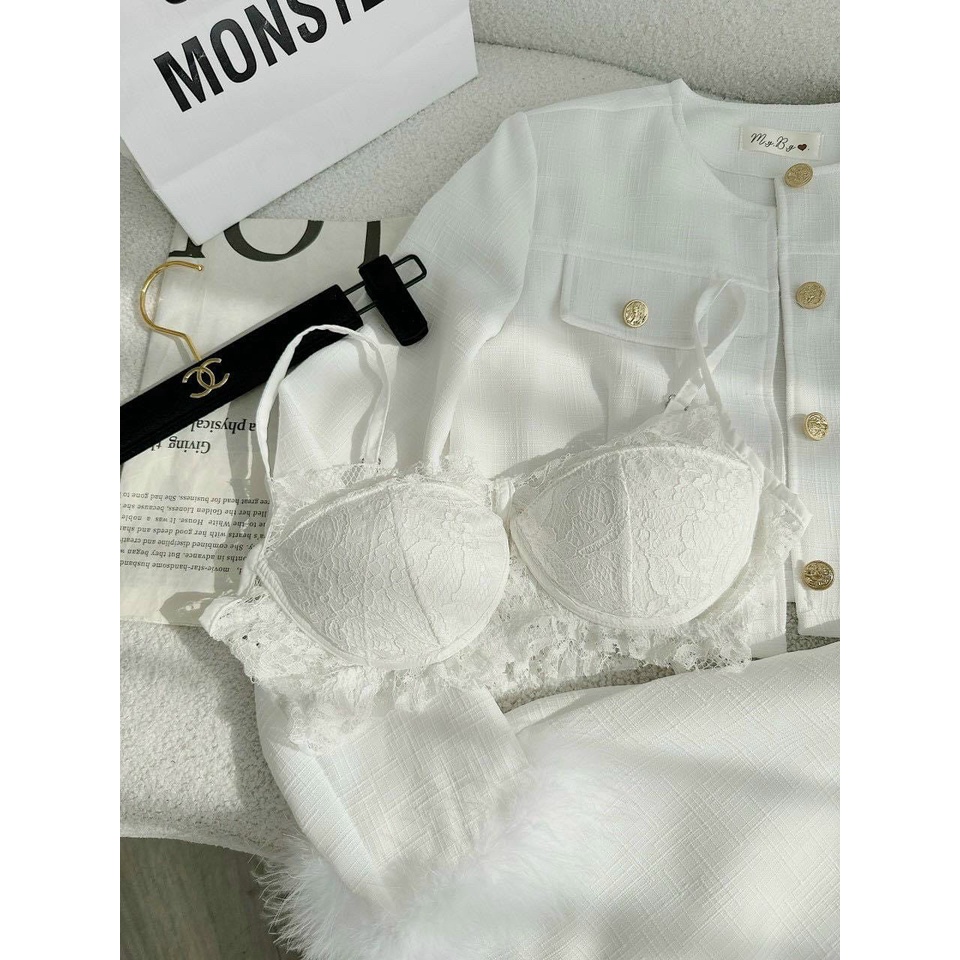 Set bộ 3 món áo khoác dạ croptop kèm bra 2 dây phối chân váy lông vũ Hari_Fashion - Mã SR265