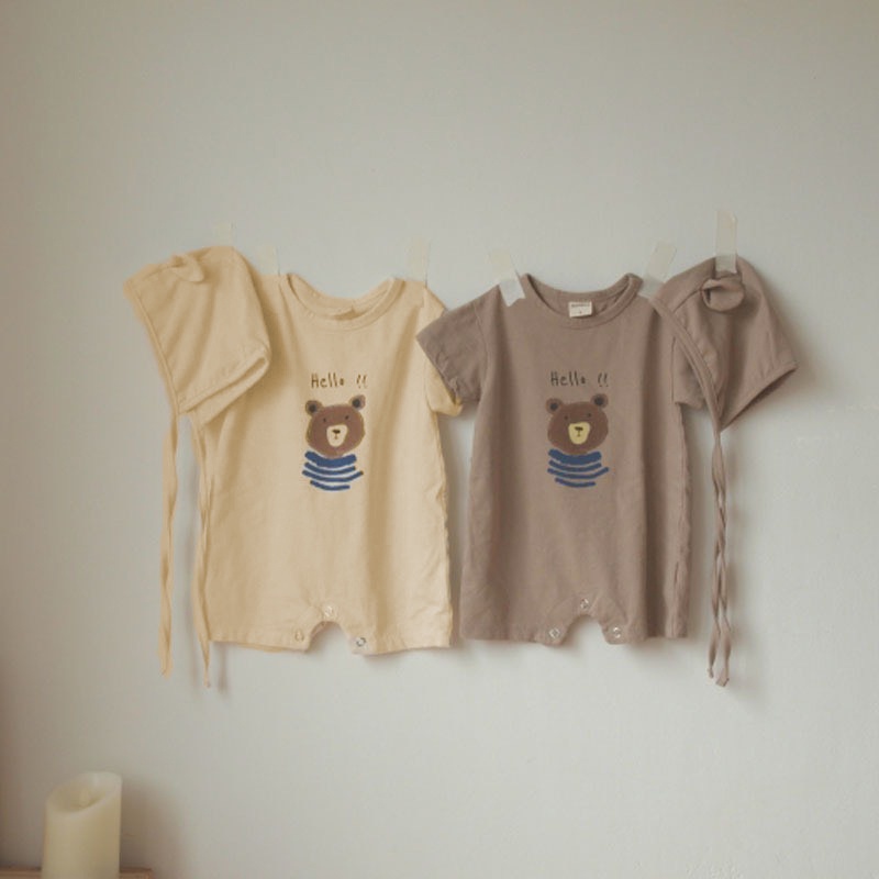 Bộ body gấu Hello kèm mũ tai gấu  siêu dễ thương cho bé trai bé gái Hokiha Kid chất cotton mềm mại size 3-10kg TE301