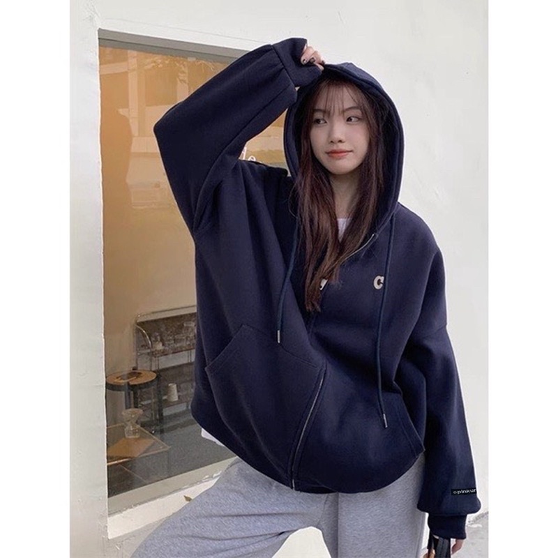 Áo KHOÁC Zip nỉ bông mũ to 2 lớp Unisex form rộng in Silicon dẻo chữ C | BigBuy360 - bigbuy360.vn