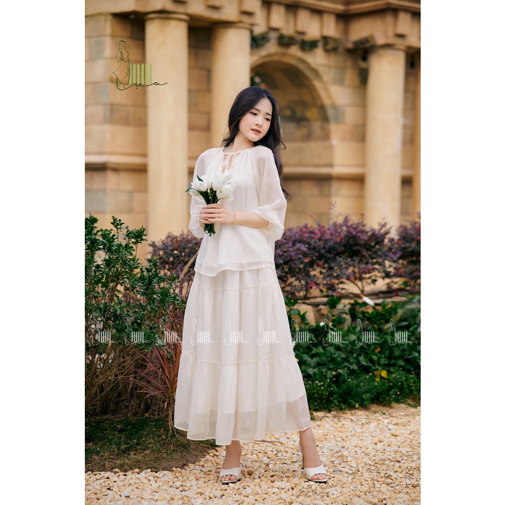 Set váy nữ tiểu thư Hương Chi sang trọng cao cấp, áo chân váy nữ sang chảnh đi chơi đi biển NHA LỤA Se006