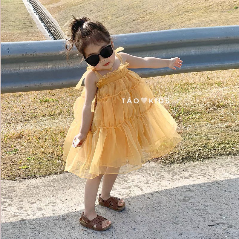 Váy đầm cho bé gái vải tơ mềm thiết kế 3 tầng bồng xoè