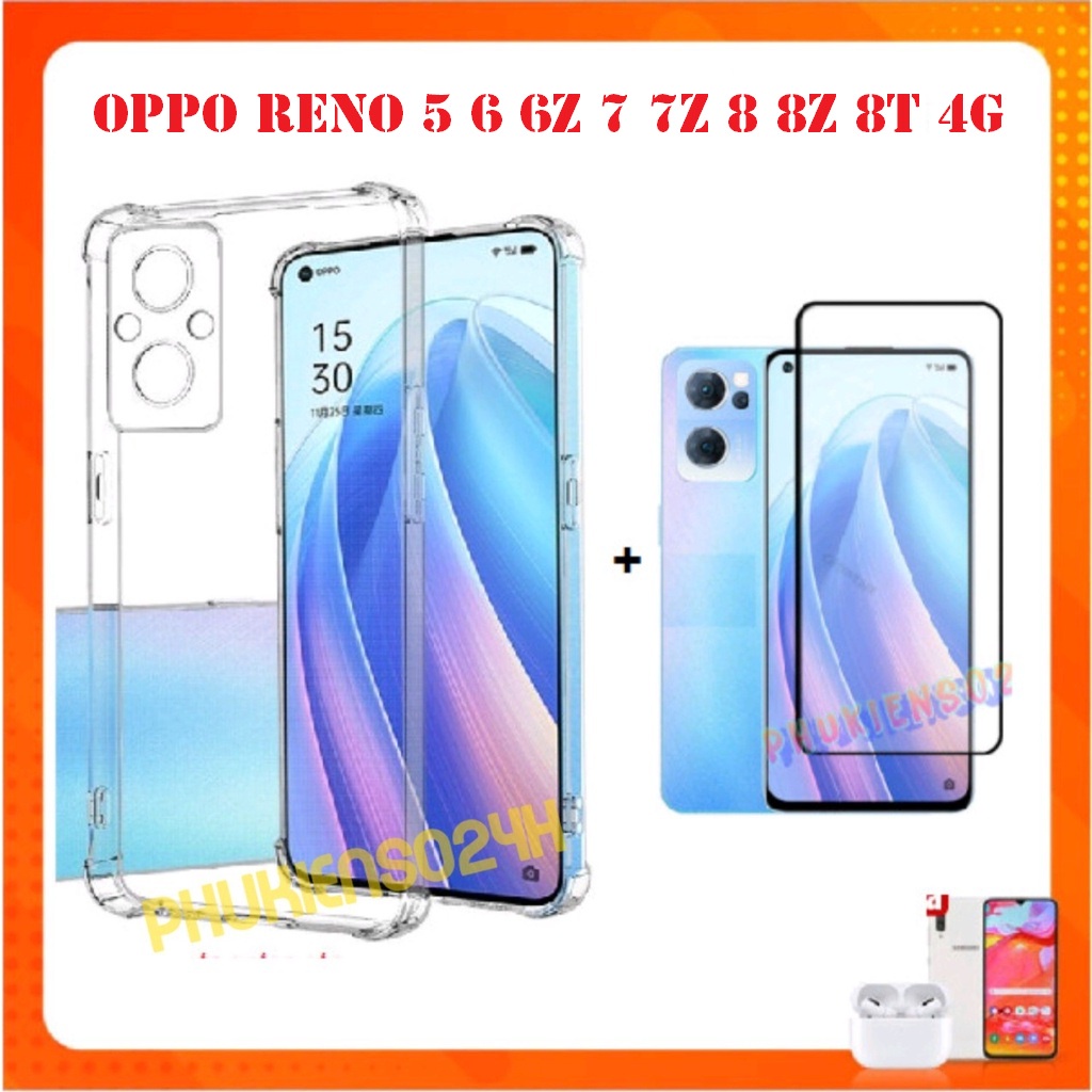 Combo Kính Cường Lực Full Màn Hình OPPO Reno 8T 4G Reno 8 Reno 8 Z Reno 7 Reno 7 Z Reno 5 6 + Ốp lưng chống sốc 4 cạnh