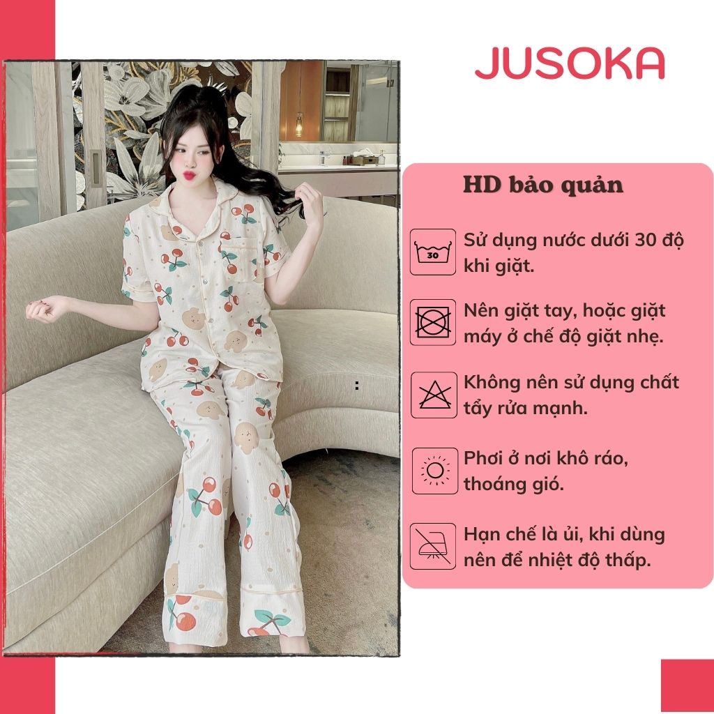 Đồ ngủ nữ Pijama mặc nhà chất liệu xốp nhún áo cộc quần dài siêu mềm mịn dễ thương JUSOKA