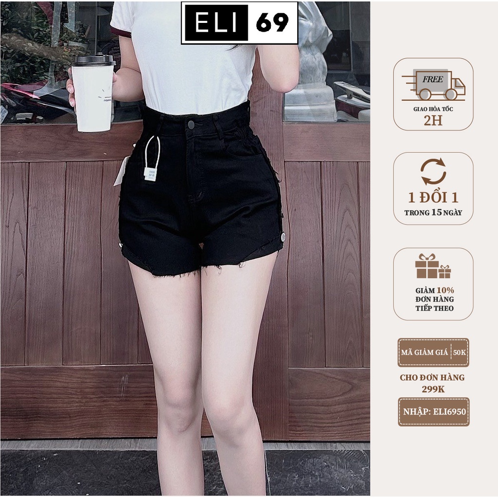 Quần Short Đùi Jean Nữ Eli69 Lưng Cao Đen Trơn Cao Cấp Phong Cách Năng Động Không Co Giãn DD88134