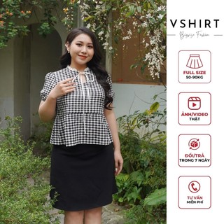 Set áo kẻ caro diềm trắng và chân váy a đen VSHIRT