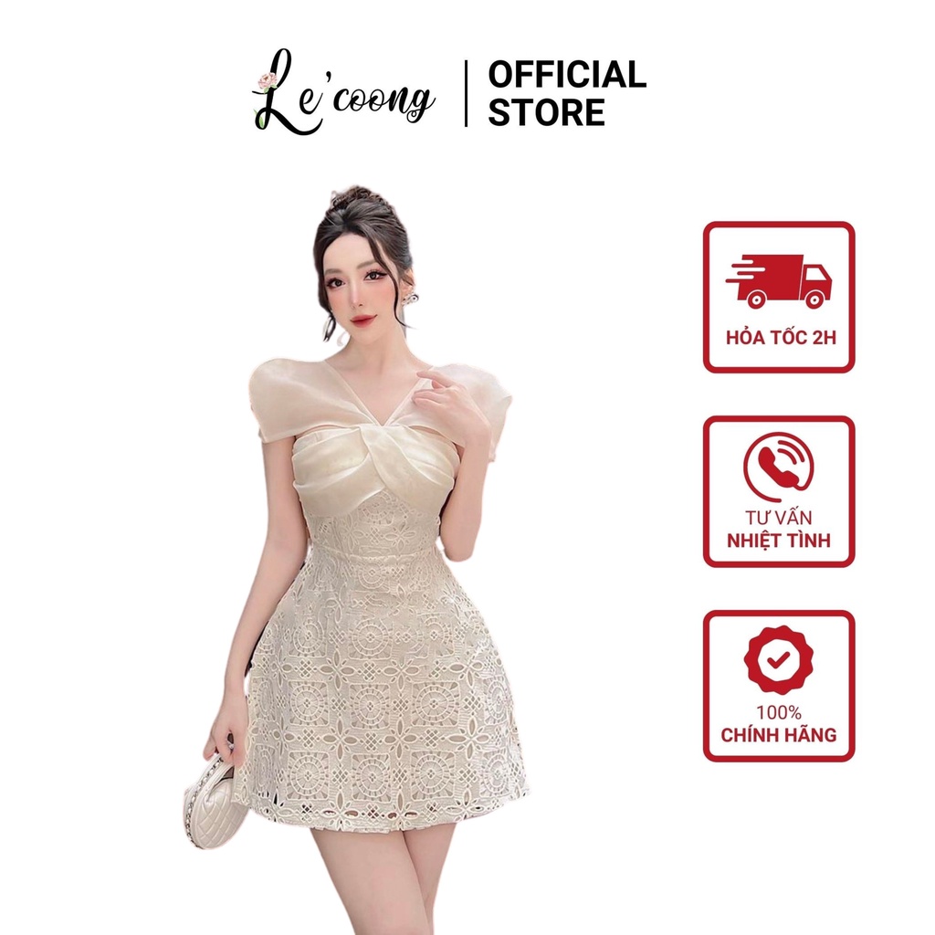 Đầm Thiết Kế Cổ Xoắn Ngực Phối Tơ LECOONG V336 Váy Trắng Đi Tiệc Dáng Ngắn Chữ A Ren Cao Cấp Sang Trọng