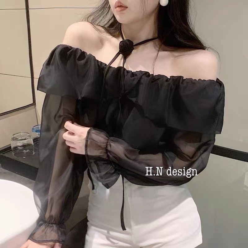 Áo trễ vai voan nữ siêu xinh kèm hoa ở cổ chất mềm mướt không ngứa hàng QC chuẩn loại 1 - hàng có sẵn