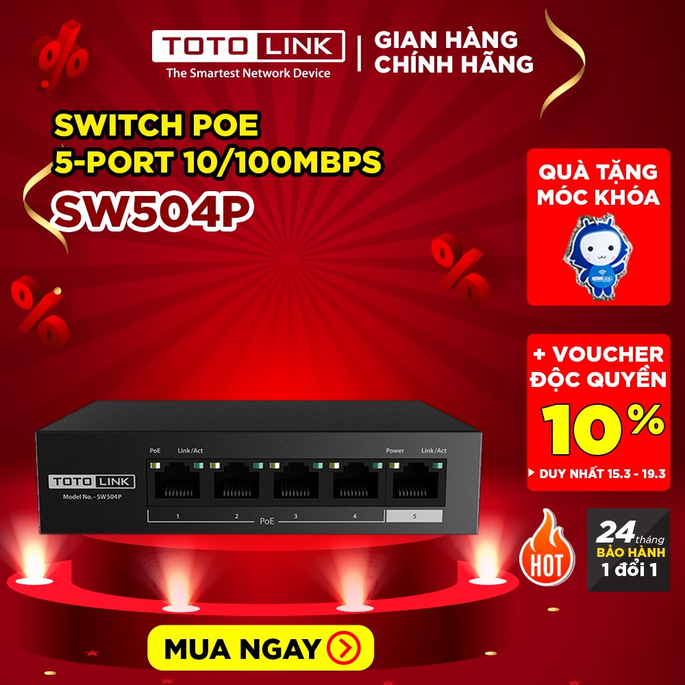 Switch PoE 5 Cổng 10/100Mbps TOTOLINK SW504P - Hàng chính hãng