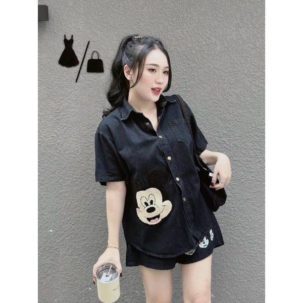 Set Bộ Bò Hình Thêu Xù Nổi Đen Xanh Cho Nữ Loại 1