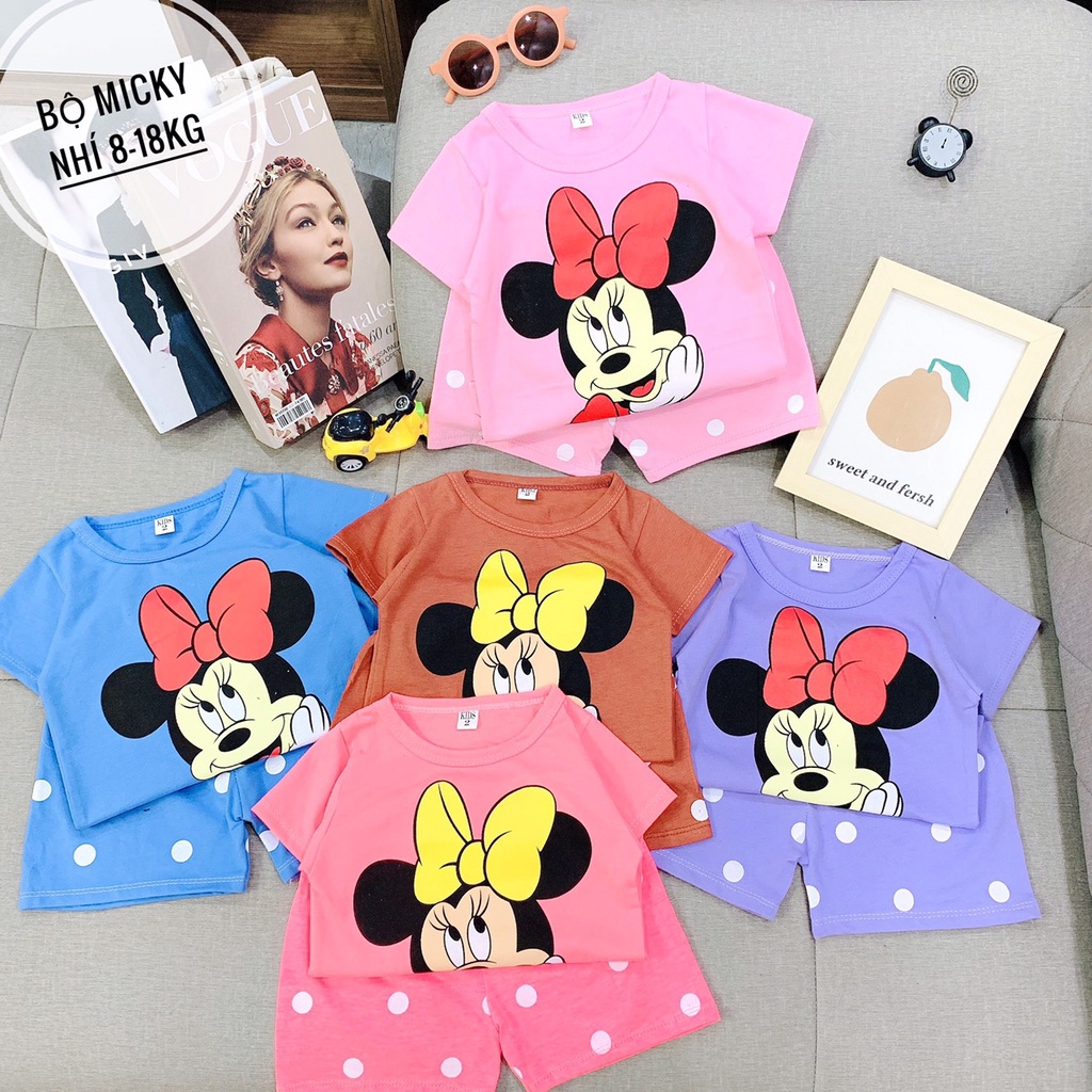 Bộ Cộc Tay Bé Gái, Bộ Cotton Hè Chấm Bi Áo Micky Điệu Cho Bé Gái Từ 8 - 18kg