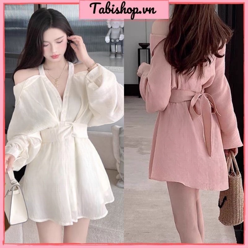Set áo sơ mi kiểu kèm quần sang chảnh TABISHOP Set váy hở vai cột dây eo hack dáng hottrend